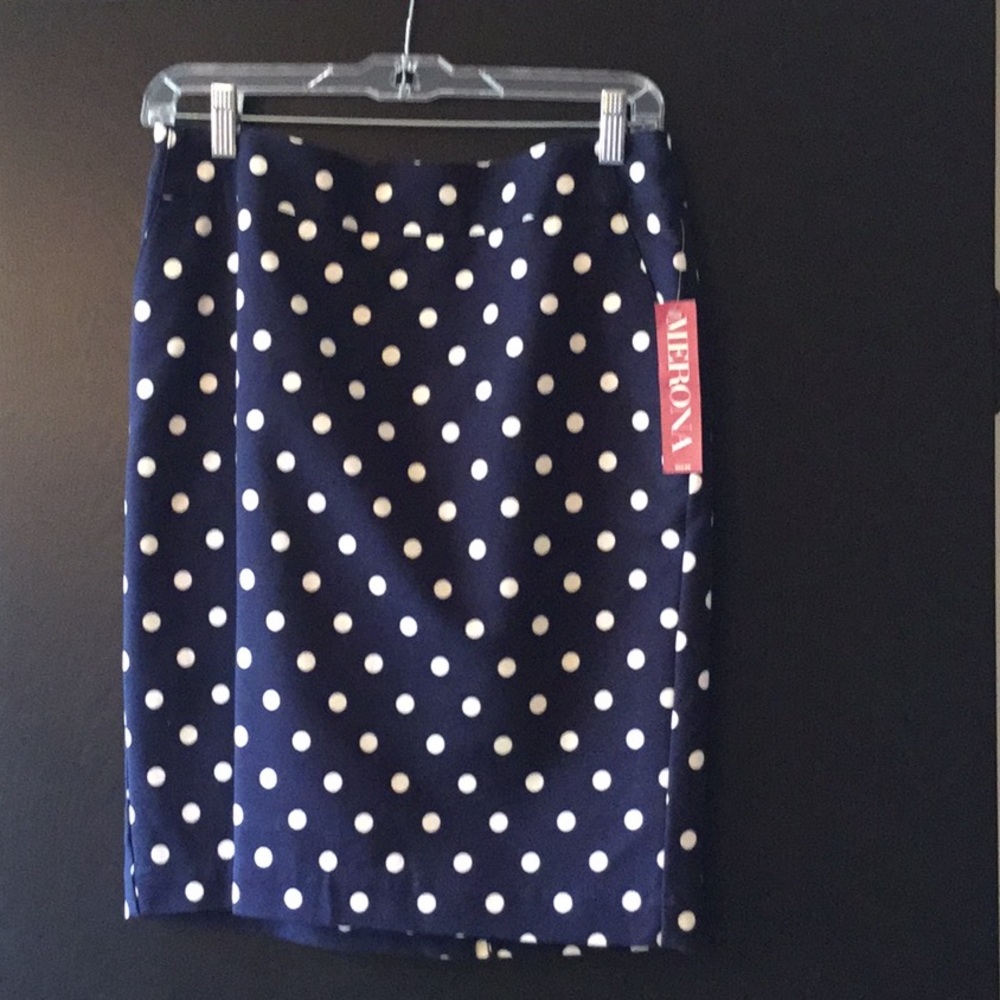 Navy polka dot pencil skirt